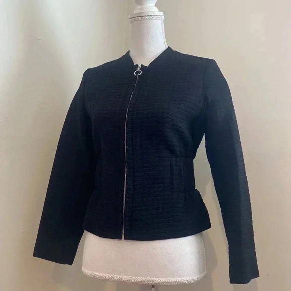 MAJE Vio Black Textured Zip Front Elastic Waist Bomber Jacket size S USA/36 EU - Picture 7 of 11